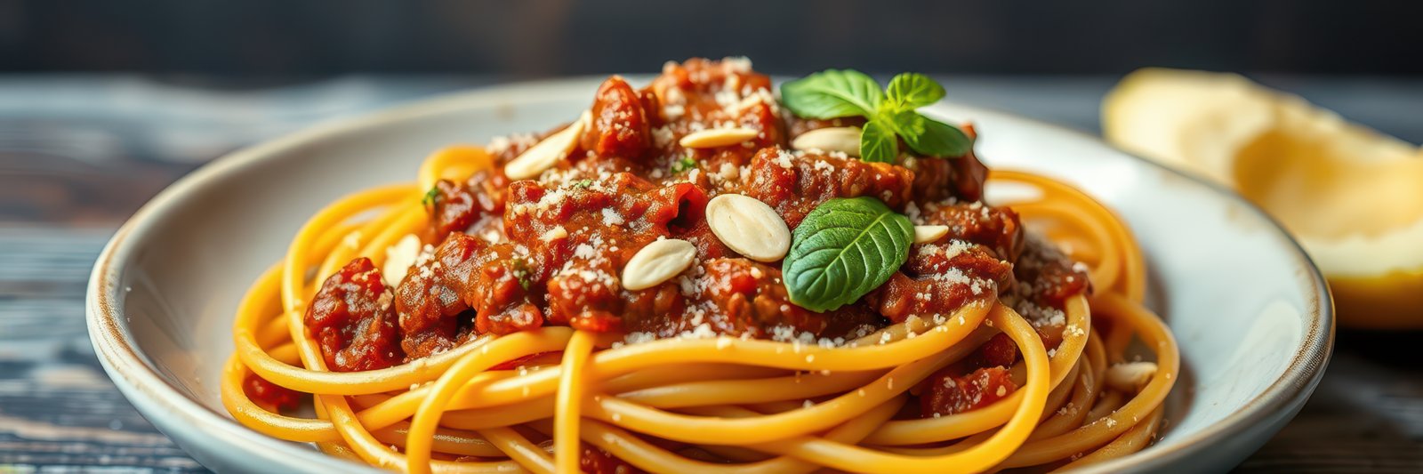 A plate of spaghetti with a rich tomato sauce, topped with toasted almonds and fresh mint leaves